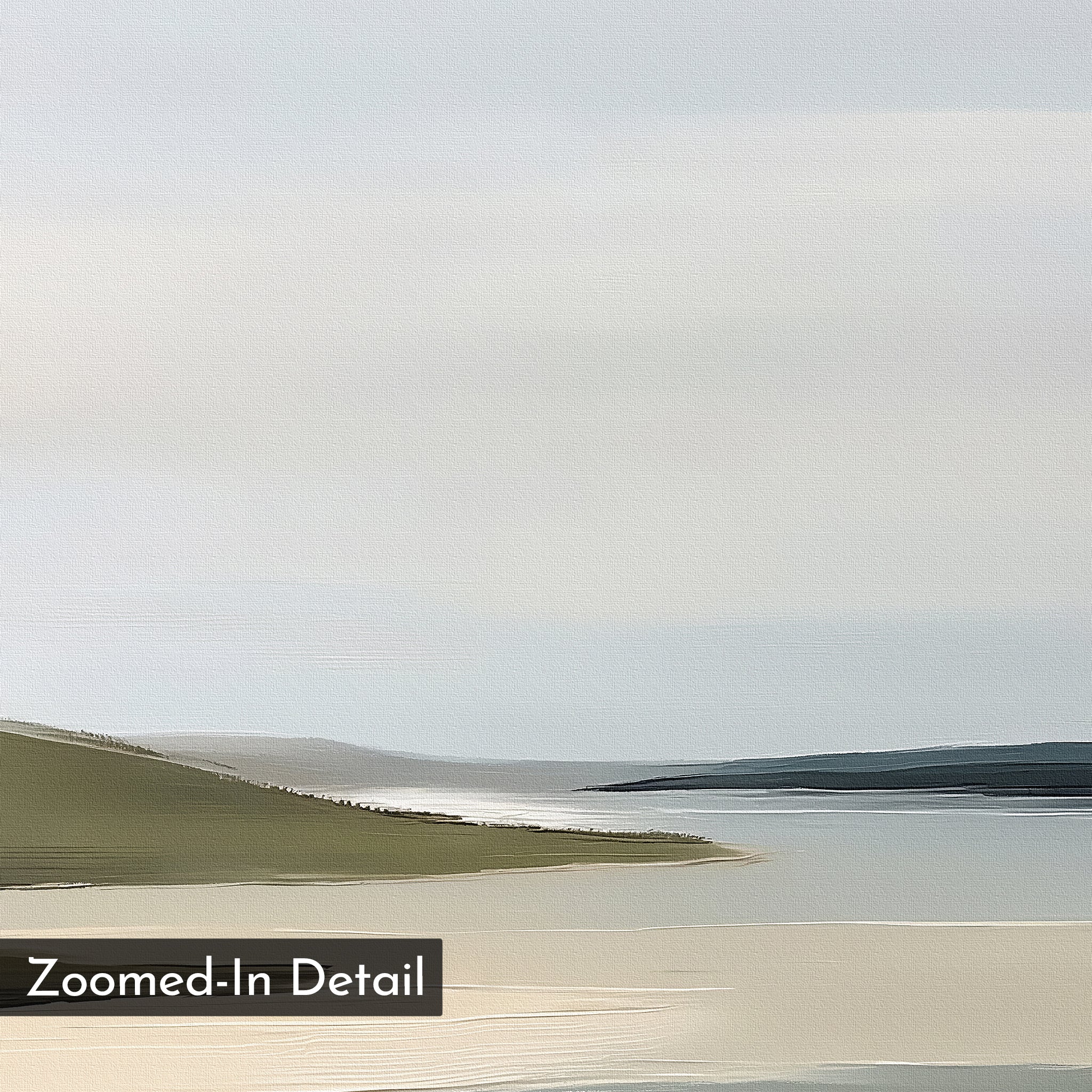 Distant Shores Canvas Art features a minimalist coastal landscape with soft blue water, sandy shores, and green hills beneath a cloudy sky. "Zoomed-In Detail" appears in the bottom left, perfect for nature-inspired decor.