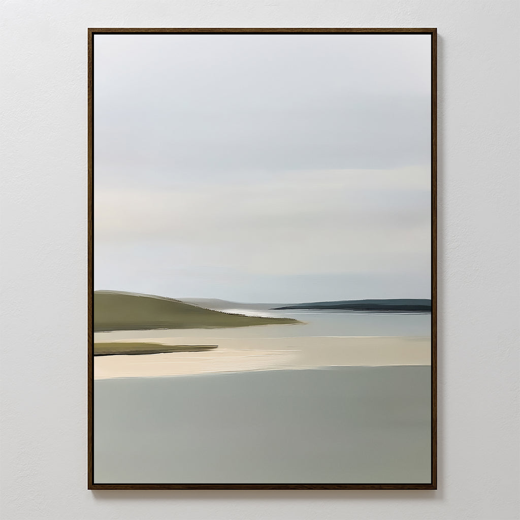Distant Shores Canvas Art features minimalist wall art with a calm body of water, soft reflections, and gentle hills under a cloudy sky in muted gray, sage green, and beige tones—perfect for nature-inspired decor.