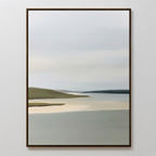 Distant Shores Canvas Art features minimalist wall art with a calm body of water, soft reflections, and gentle hills under a cloudy sky in muted gray, sage green, and beige tones—perfect for nature-inspired decor.
