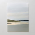 The Distant Shores Canvas Art showcases a minimalist, abstract landscape with soft muted tones and sage green accents, depicting water, shorelines, and hills beneath a cloudy sky. Perfect for creating a serene, nature-inspired decor.