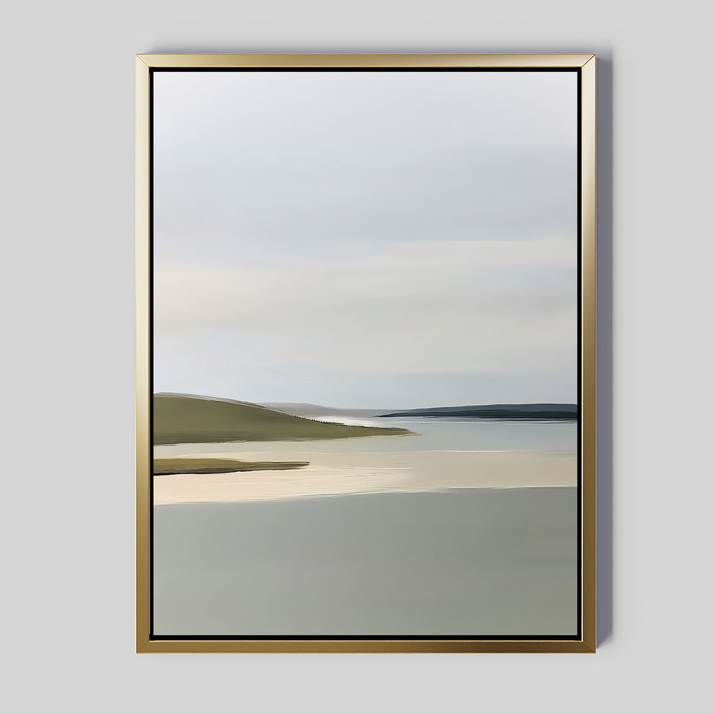 The Distant Shores Canvas Art features a serene landscape with calm water, gentle hills, and a soft, cloudy sky in muted pastels, all set in a gold frame—ideal minimalist wall decor for nature-inspired interiors.