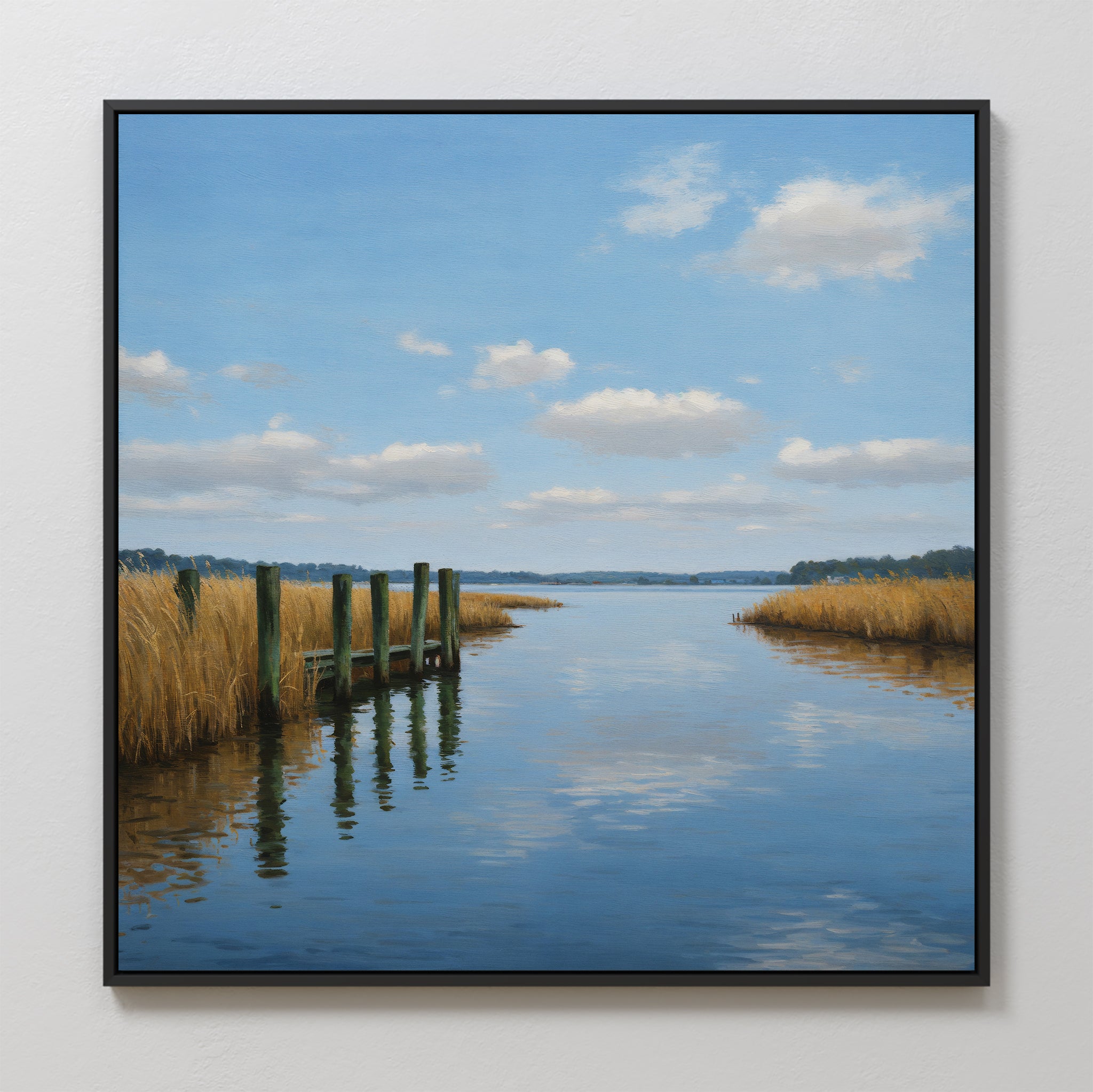 The Dockside Reflection Canvas Art features a calm river with golden reeds, a weathered dock, and blue sky reflected in the water, creating the perfect wall art for tranquil spaces.