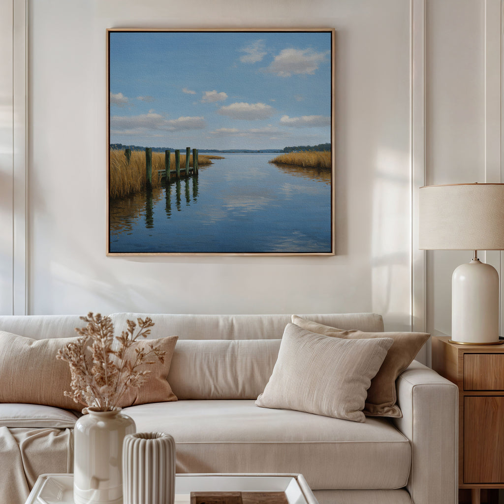 A cozy living room features a white sofa with beige pillows, a table displaying decorative vases, and a lamp on a wooden side table. Above the sofa, Dockside Reflection Canvas Art brings charm with its serene river scene.