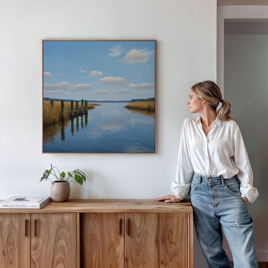 A woman in a white blouse and jeans stands by a wooden cabinet with the Dockside Reflection Canvas Art—a framed river landscape with reeds and a dock beneath a blue sky. A plant and books decorate the cabinet.