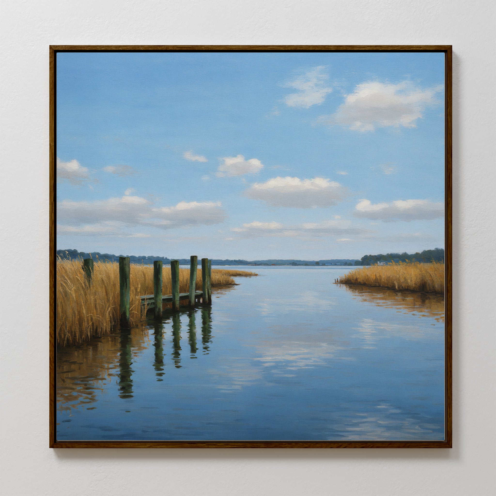 The Dockside Reflection Canvas Art showcases a calm river, tall grass, a wooden dock, and a blue sky with clouds—perfect wall art to add tranquility to any space.
