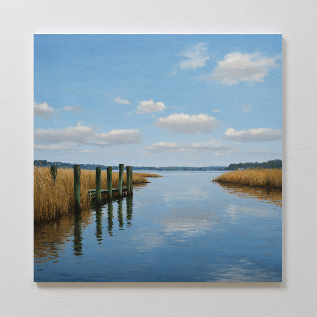 The Dockside Reflection Canvas Art features a serene river scene with wooden posts, golden grasses, and a blue sky, creating tranquil wall art with the peaceful landscape beautifully mirrored on the waters surface.