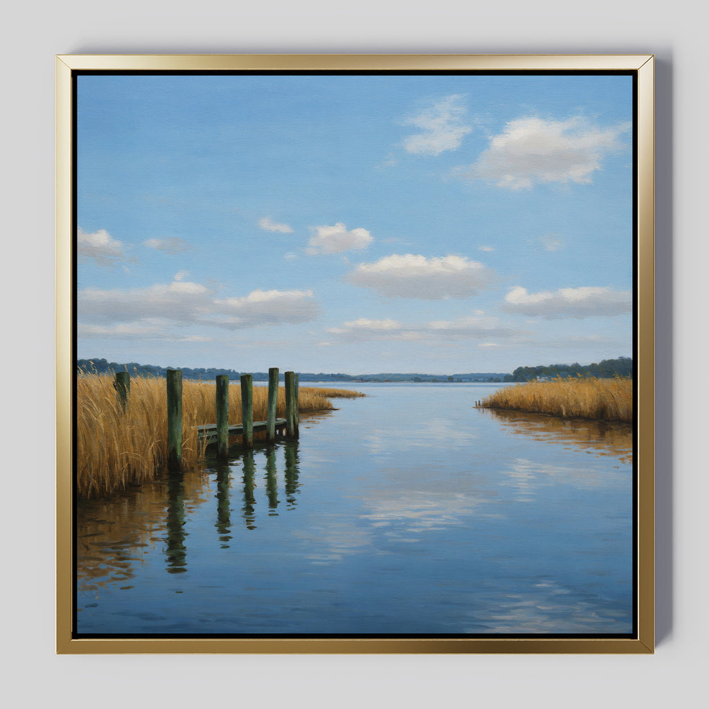 Dockside Reflection Canvas Art features a calm lake and wooden dock amid golden reeds beneath a blue sky—an ideal framed wall art piece for any room.