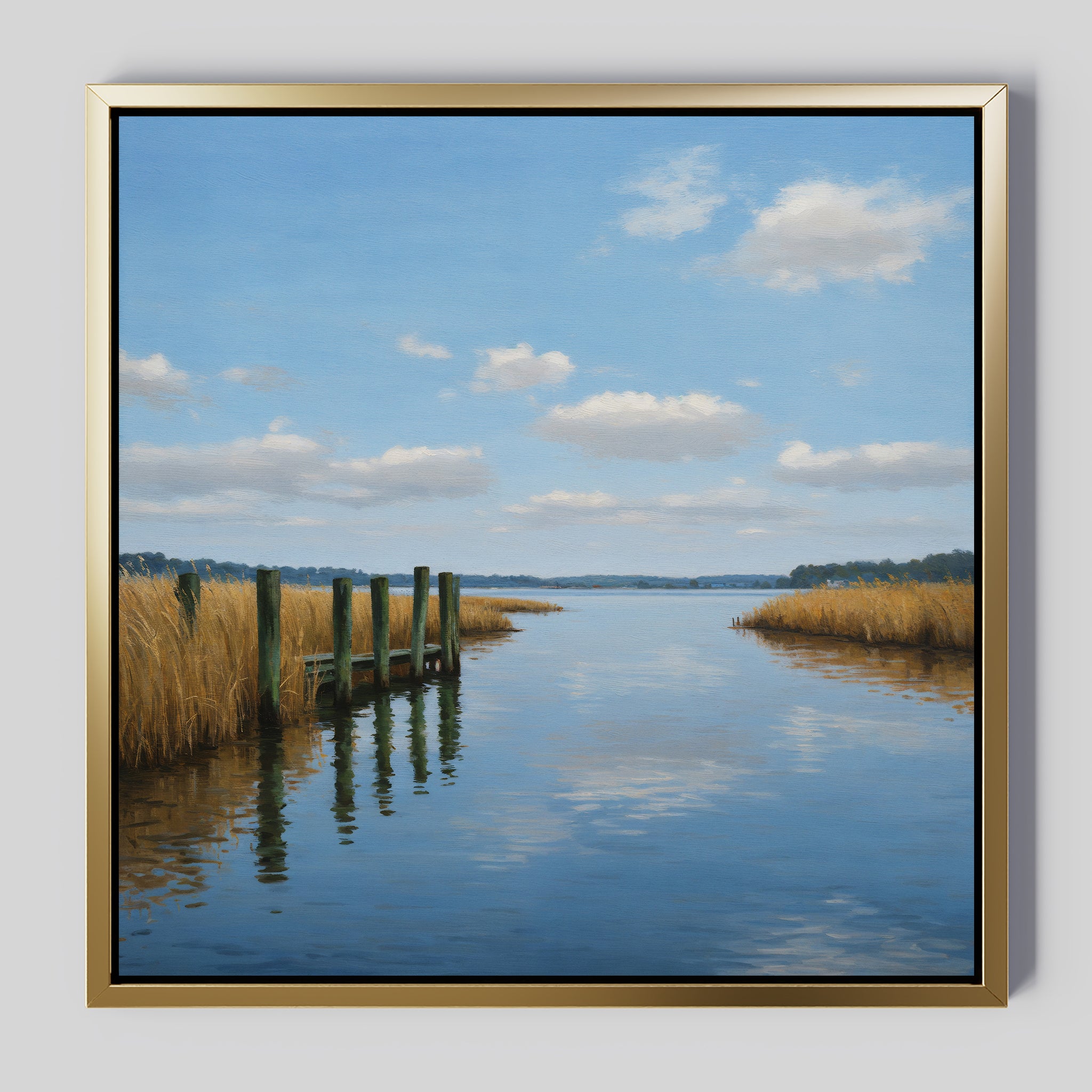 Dockside Reflection Canvas Art features a calm lake and wooden dock amid golden reeds beneath a blue sky—an ideal framed wall art piece for any room.