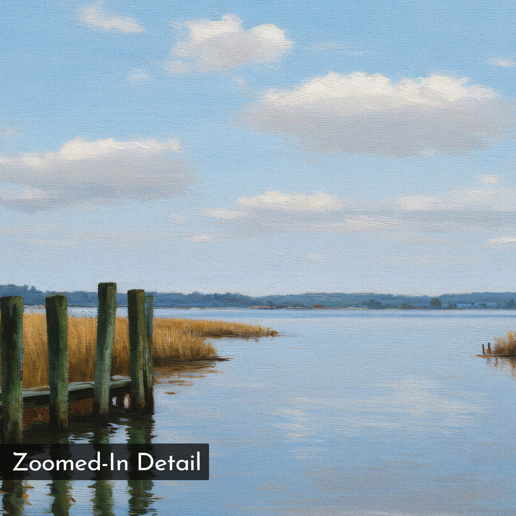 The Dockside Reflection Canvas Art showcases a peaceful lakeside view with calm water, blue sky, fluffy clouds, tall grass, and wooden posts—ideal for your living room. "Zoomed-In Detail" appears in the bottom left corner.