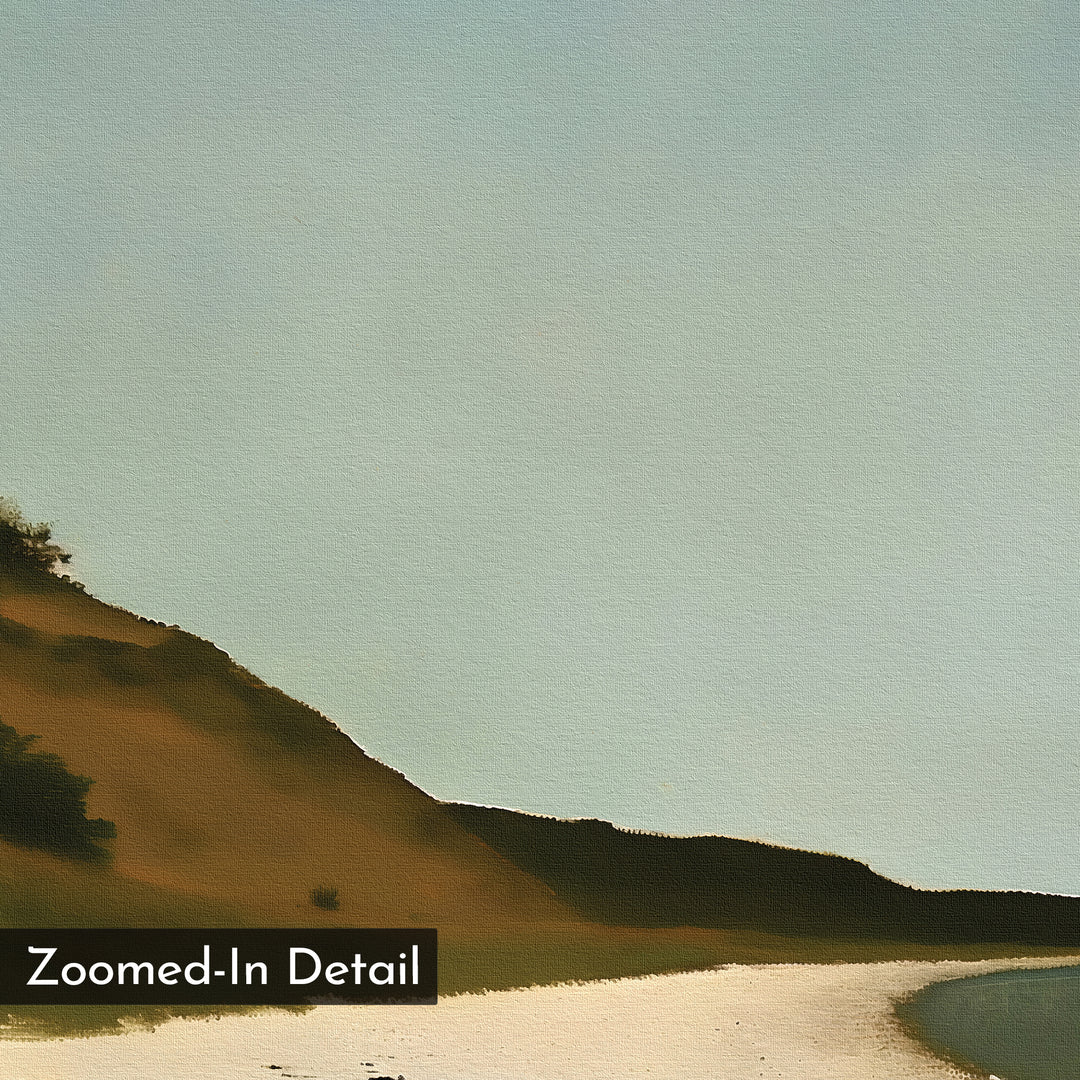 A zoomed-in detail of Drift Shore Canvas Art shows a sandy shoreline, sloping hill with shrubbery, and a pale blue sky—ideal minimalist wall art. A corner label reads Zoomed-In Detail.