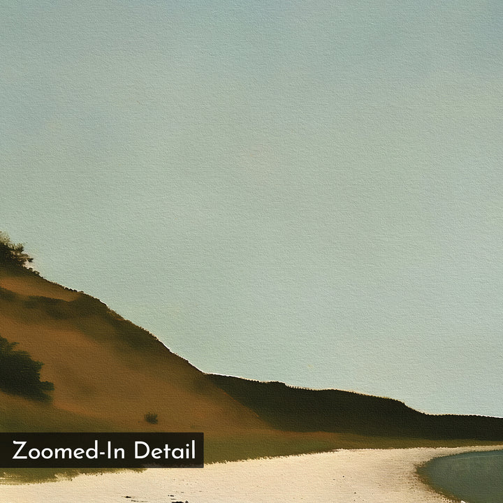 A zoomed-in detail of Drift Shore Canvas Art shows a sandy shoreline, sloping hill with shrubbery, and a pale blue sky—ideal minimalist wall art. A corner label reads Zoomed-In Detail.