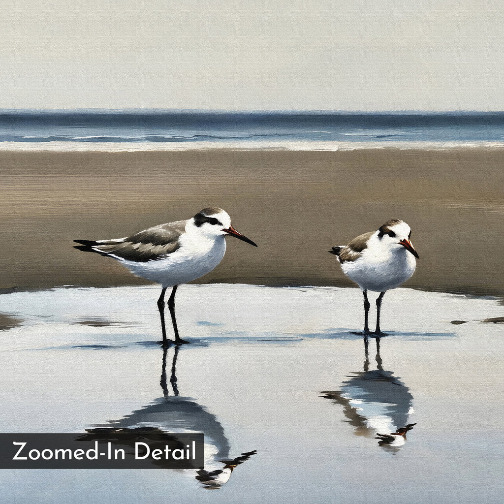 Two seagulls stand in shallow beach water, their reflections shimmering on wet sand beneath a tranquil sea and muted sky. This striking minimalist piece, titled Drifted Calm Canvas Art, features a "Zoomed-In Detail" label in the lower left corner.