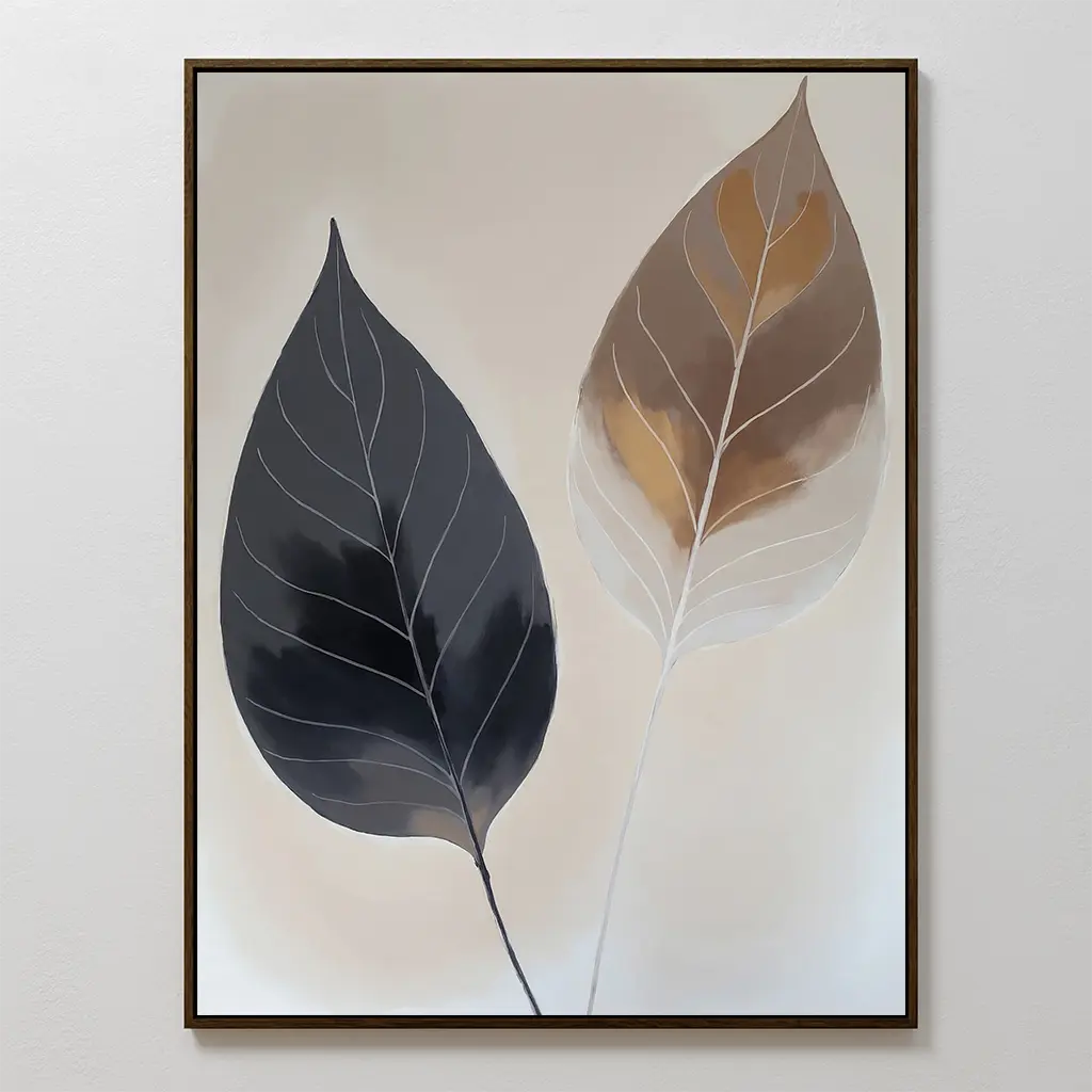 The Dual Leaf Study Canvas Art features a minimalist design of two large leaves—one dark gray, one brown with a tan tip—on a light beige background, accented by white veins and elegant lines. Perfect for modern, stylish bedroom decor.