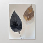 Dual Leaf Study Canvas Art showcases two large leaves on a light background: one dark gray with white veins on the left, and one brown with lighter accents and white veins on the right—ideal for modern bedroom decor.