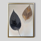 The Dual Leaf Study Canvas Art features two large leaves—one smoky gray, one in brown and tan—on a soft beige background with delicate light-veined detailing. This minimalist piece is perfect as bedroom decor.