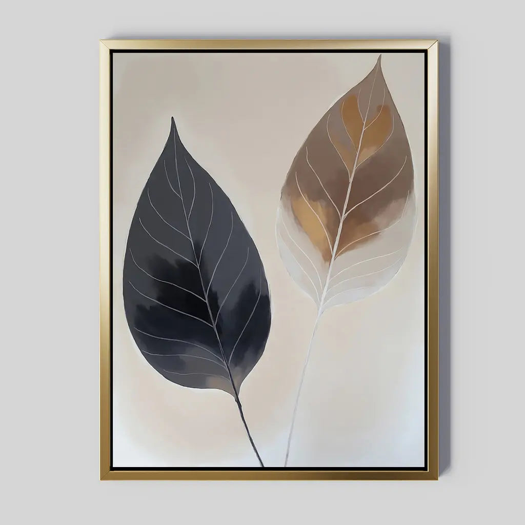 The Dual Leaf Study Canvas Art features two large leaves—one smoky gray, one in brown and tan—on a soft beige background with delicate light-veined detailing. This minimalist piece is perfect as bedroom decor.