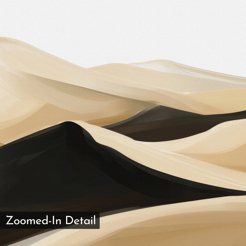 Dune Waves Abstract Canvas Art features a digital painting of sand dunes in beige, tan, and brown with smooth curves and soft shadows. Minimalist wall art with “Zoomed-In Detail” text in the lower left corner.
