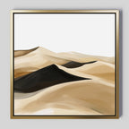 Dune Waves Abstract Canvas Art features minimalist sand dunes in beige, tan, and black with smooth flowing lines—perfect desert landscape wall art to elevate any modern living room decor.