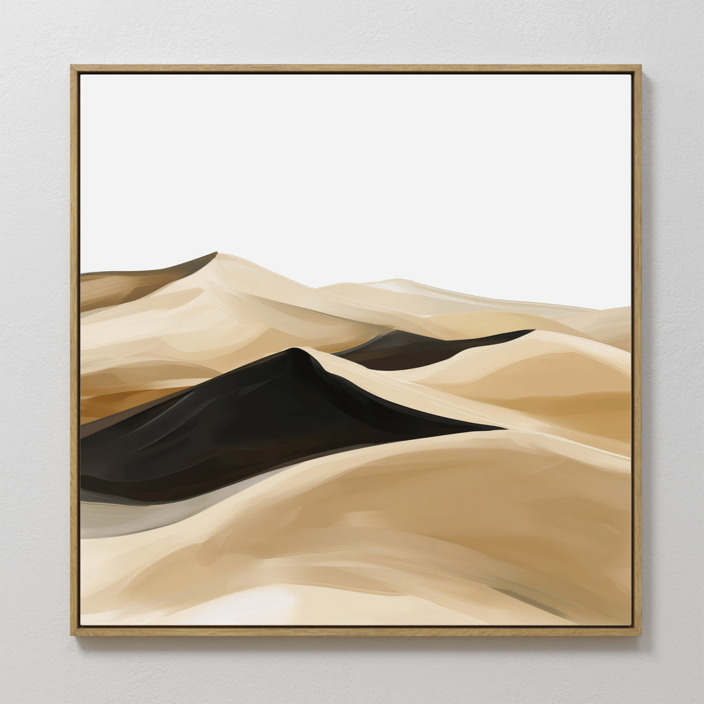 Dune Waves Abstract Canvas Art: a framed minimalist painting featuring desert sand dunes in soft beige, tan, and black on a white sky—perfect modern wall art for your living room decor.