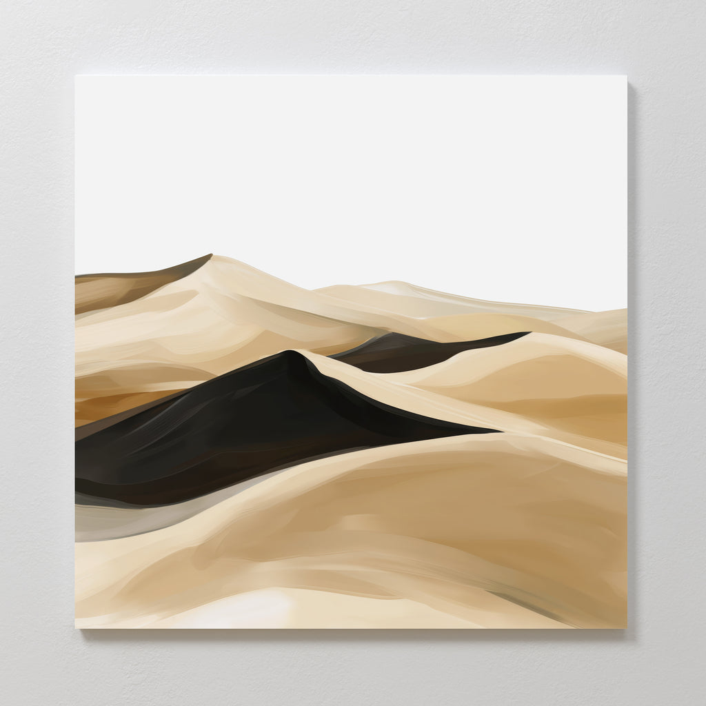The Dune Waves Abstract Canvas Art showcases a minimalist painting of beige and tan sand dunes with a central dark brown dune, smooth abstract textures, and a white sky—ideal serene decor for any modern living room.