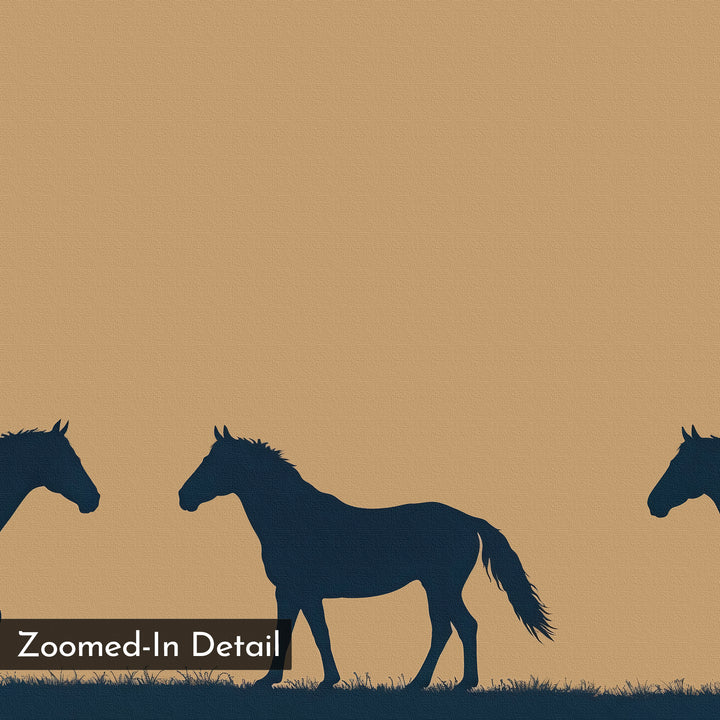 Dusk Horses Canvas Art: Minimalist wall art with silhouettes of three horses on grass against a tan background. Features partial views of the outer horses and "Zoomed-In Detail" text—ideal horse print for modern living room decor.