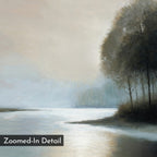 Dusklake Canvas Art features a serene, misty lakeside with sunlight on water, tall trees right, and a soft sky. This painterly piece suits calming living room or minimalist decor. "Zoomed-In Detail" is labeled at the lower left.
