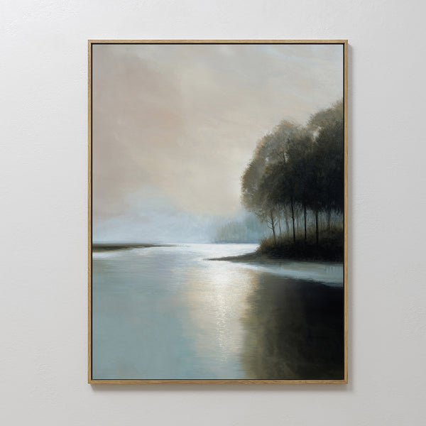 Dusklake Canvas Art features a tranquil riverside scene at dawn or dusk, with calm waters and silhouetted trees. Ideal for minimalist spaces, this framed piece is perfect as calming living room decor or large wall art.