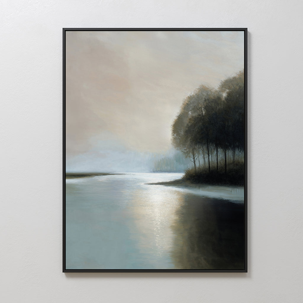 Dusklake Canvas Art features a tranquil lake bordered by dark trees with soft light illuminating the water and misty background—ideal minimalist wall art or calming living room decor that brings a serene atmosphere to any space.