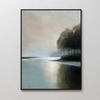 Dusklake Canvas Art features a tranquil lake bordered by dark trees with soft light illuminating the water and misty background—ideal minimalist wall art or calming living room decor that brings a serene atmosphere to any space.