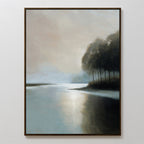 Dusklake Canvas Art features a serene lakeside at dawn, calm waters reflecting soft light, misty surroundings, and tall trees—making it perfect for calming living room decor or as striking large wall art.