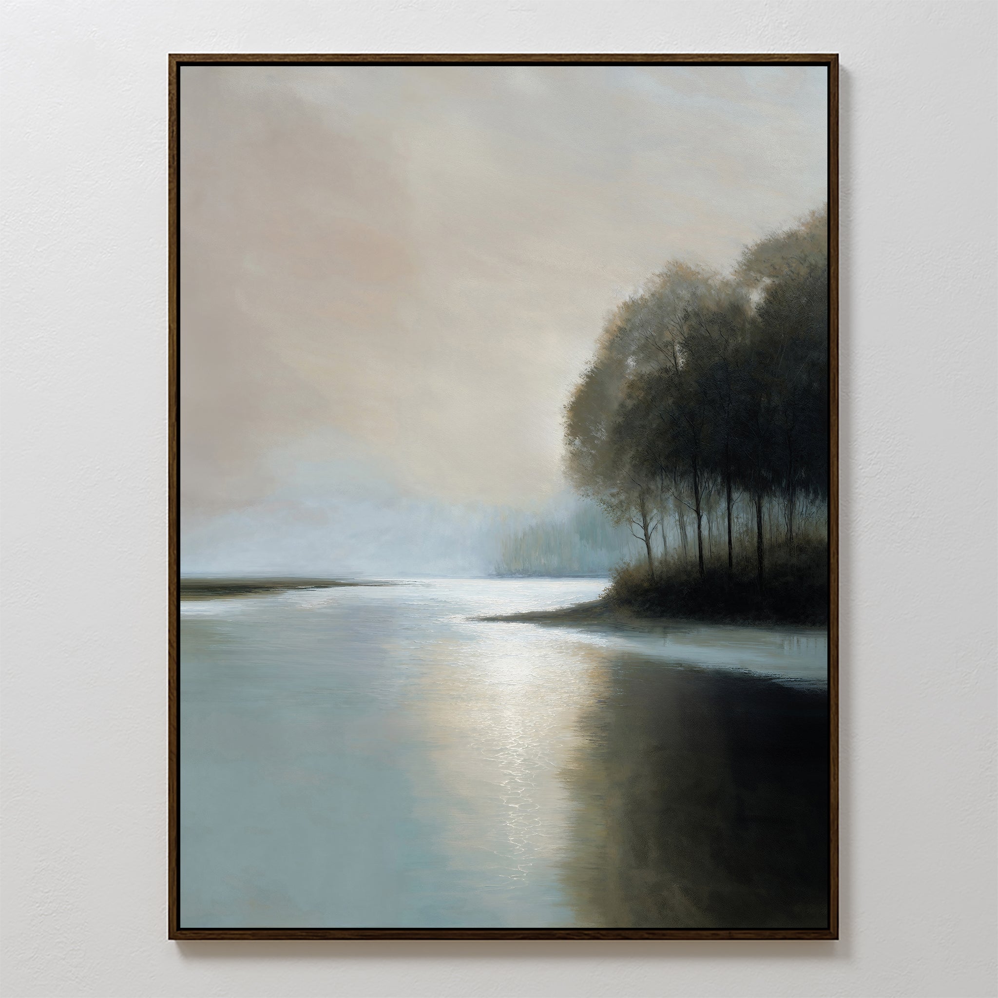 Dusklake Canvas Art features a serene lakeside at dawn, calm waters reflecting soft light, misty surroundings, and tall trees—making it perfect for calming living room decor or as striking large wall art.