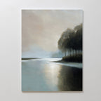 Dusklake Canvas Art features a serene landscape with a reflective lake and trees, gentle sunlight on a misty sky, and calm reflections—perfect as calming decor for your living room.