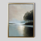Dusklake Canvas Art features a serene lakeside at sunrise or sunset, with silhouetted trees and gentle light on still water—ideal minimalist wall decor to bring a peaceful, calming vibe to your living room.
