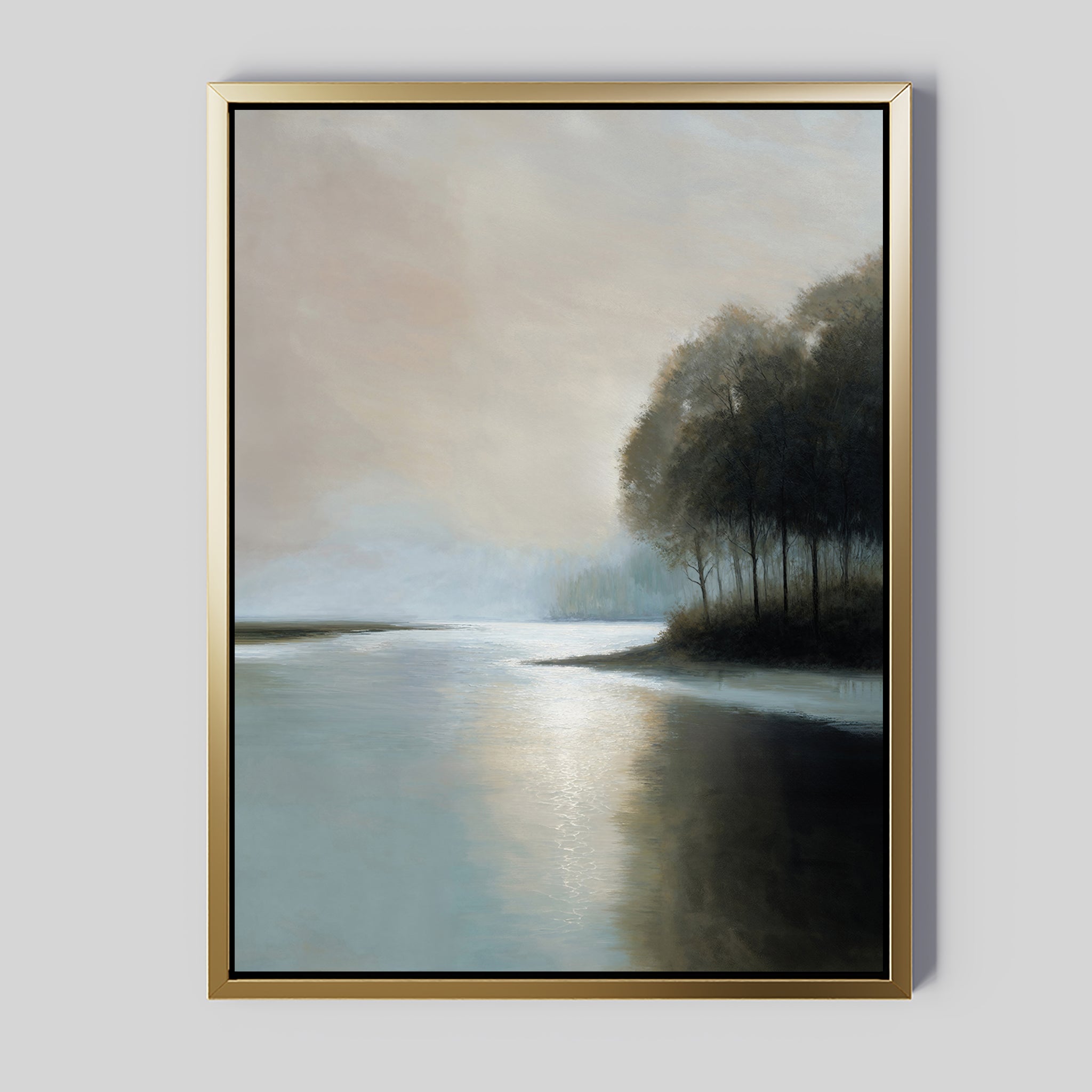 Dusklake Canvas Art features a serene lakeside at sunrise or sunset, with silhouetted trees and gentle light on still water—ideal minimalist wall decor to bring a peaceful, calming vibe to your living room.