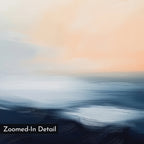 The Dusk Ridge Canvas Art features soft pastel tones of peach, white, and blue, evoking a tranquil seascape with deeper blues below for added depth. Perfect for calming bedroom decor. “Zoomed-In Detail” text appears in the corner.