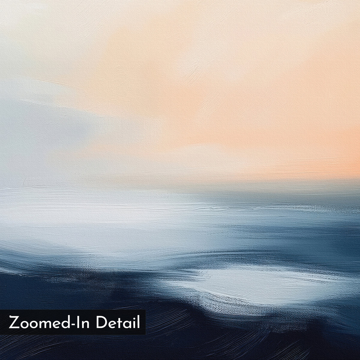The Dusk Ridge Set of 2 features abstract landscape wall art with pale peach and cream blending into light blue and navy. Smooth, atmospheric, and serene, it's perfect for bedroom decor. Includes a "Zoomed-In Detail" label in the corner.