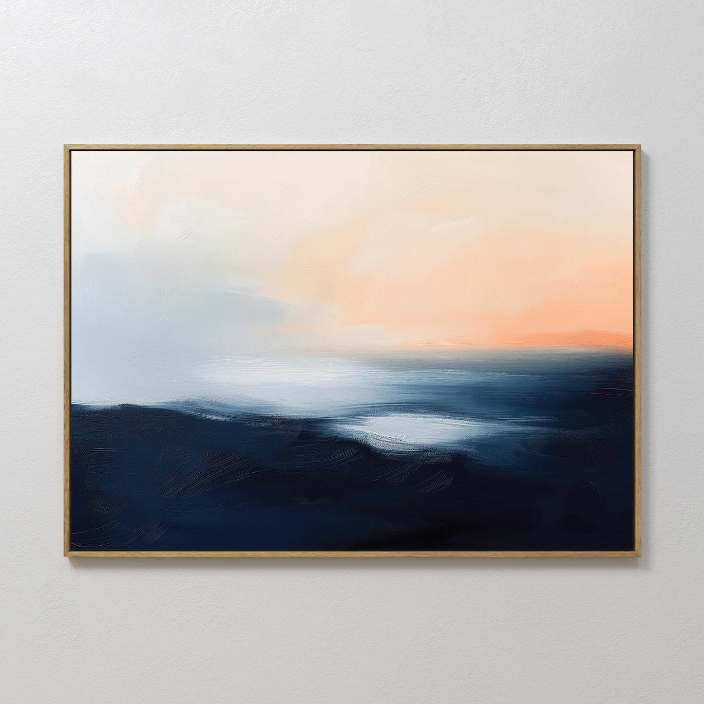 The Dusk Ridge Canvas Art features an abstract landscape with dark blue, navy, light blue, white, and peach tones in a thin gold frame—evoking a tranquil sunrise or sunset and ideal for bedroom decor.