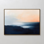 The Dusk Ridge Canvas Art features soft blends of dark blue and white below, shifting to light cream and orange above, evoking a serene seascape—perfect as tranquil wall art for bedroom decor.