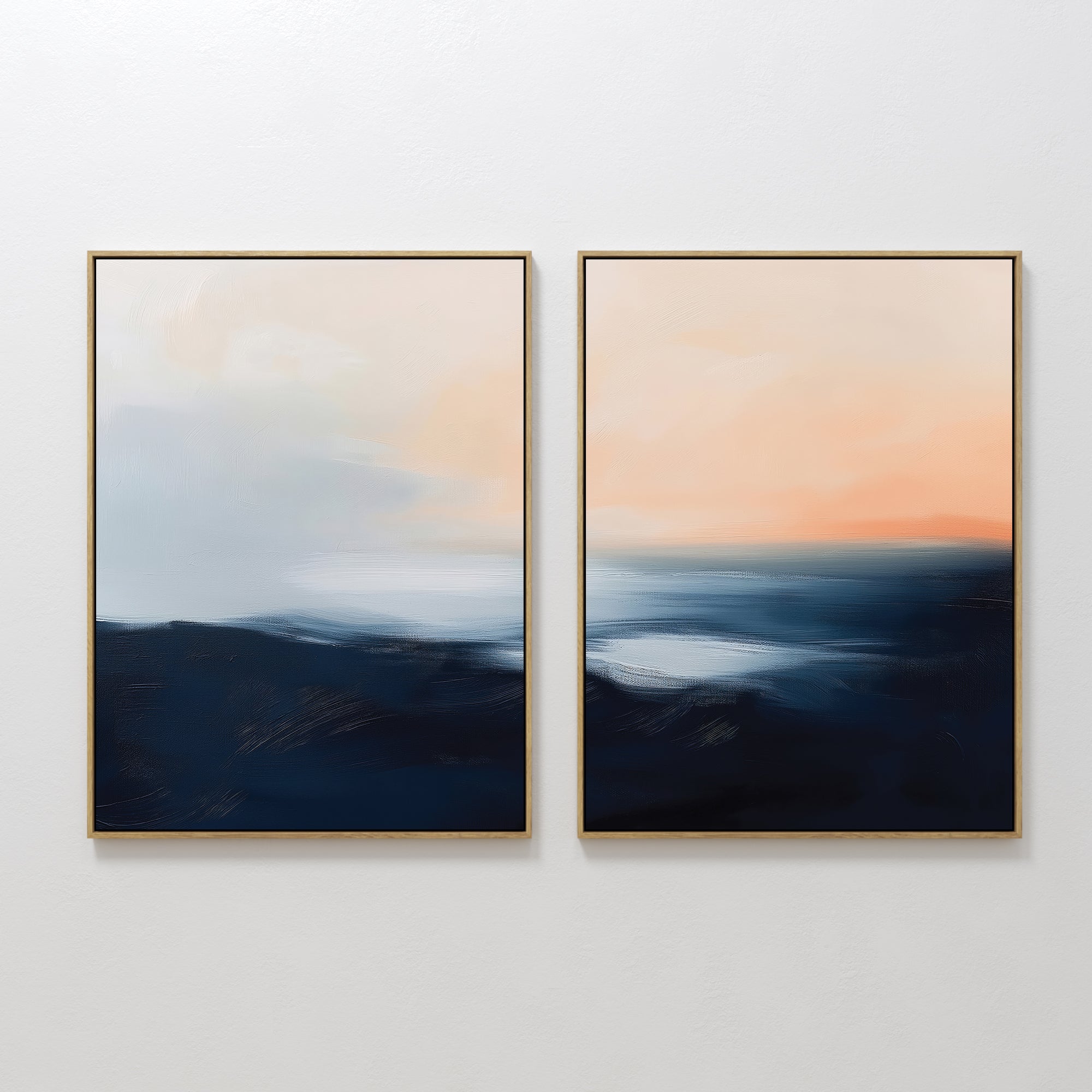 The Dusk Ridge Set of 2 features abstract art in gold frames with blurred navy, light blue, and peach tones, adding a calming, sunrise-inspired accent to any bedroom décor.