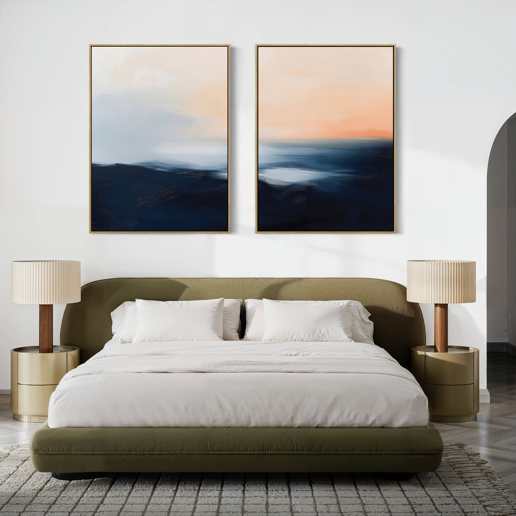 A modern bedroom featuring an olive green bed with white bedding, beige nightstands and lamps, a gray patterned rug, and the calming Dusk Ridge Set of 2 abstract landscape paintings above the bed.
