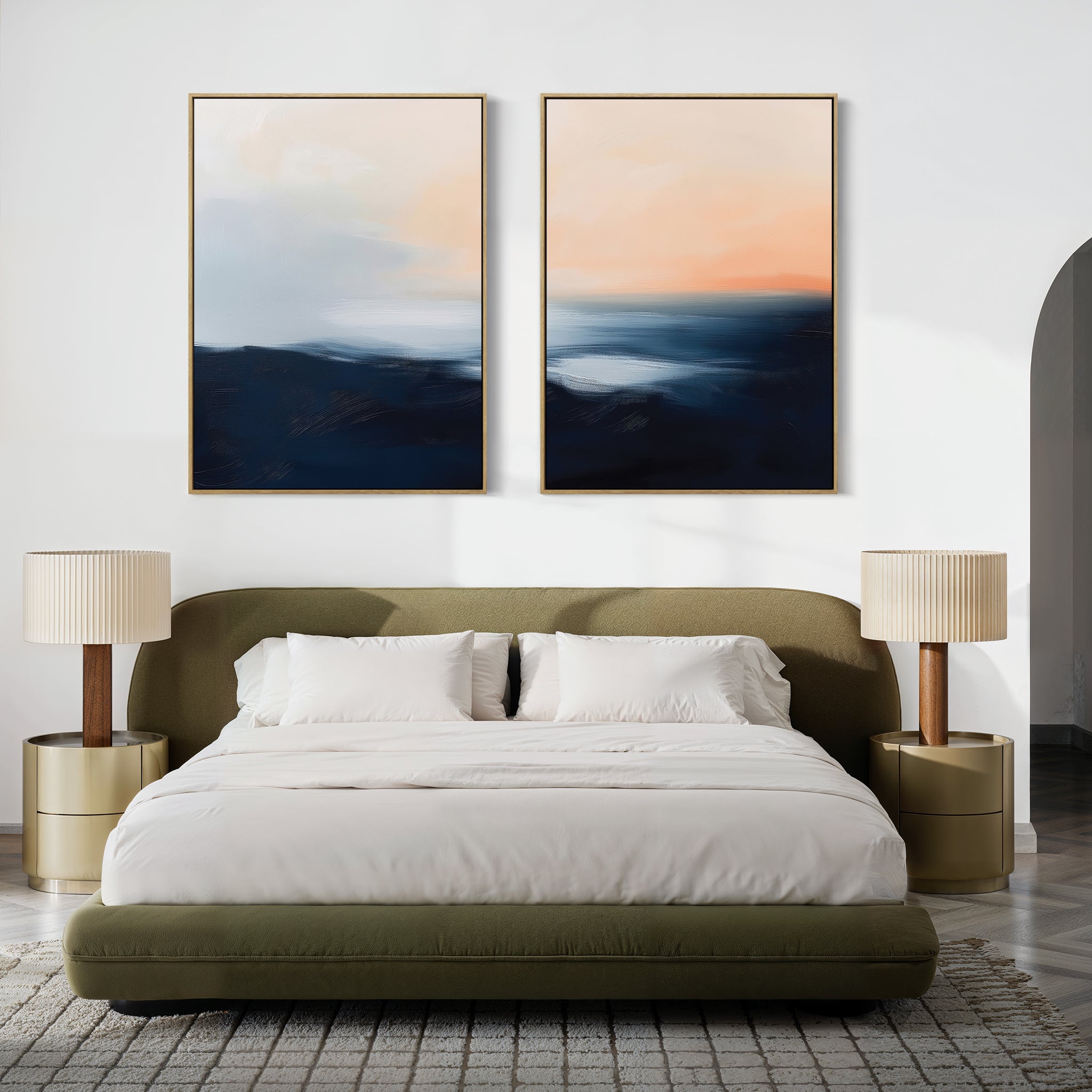 A modern bedroom featuring an olive green bed with white bedding, beige nightstands and lamps, a gray patterned rug, and the calming Dusk Ridge Set of 2 abstract landscape paintings above the bed.