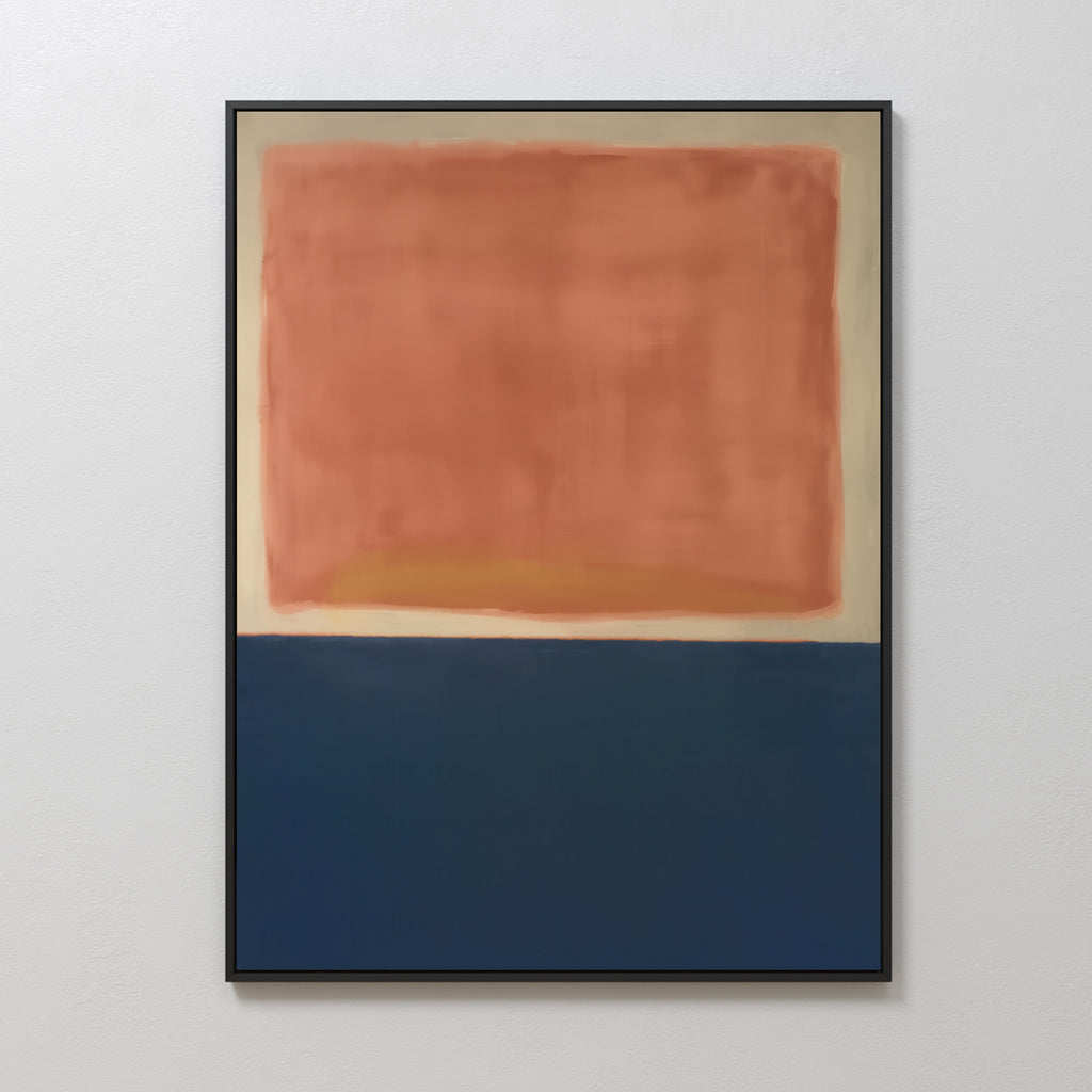 The Dusk Stripe Abstract Canvas Art is a framed minimalist wall art with a large blurred orange rectangle above a solid dark blue one, separated by a thin off-white strip on a light background.