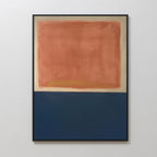 The Dusk Stripe Abstract Canvas Art is a framed minimalist wall art with a large blurred orange rectangle above a solid dark blue one, separated by a thin off-white strip on a light background.
