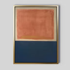 Dusk Stripe Abstract Canvas Art features a large, soft-edged reddish-orange rectangle over a dark blue block, divided by an uneven white line. Framed in gold, this minimalist piece makes a striking statement for any wall.