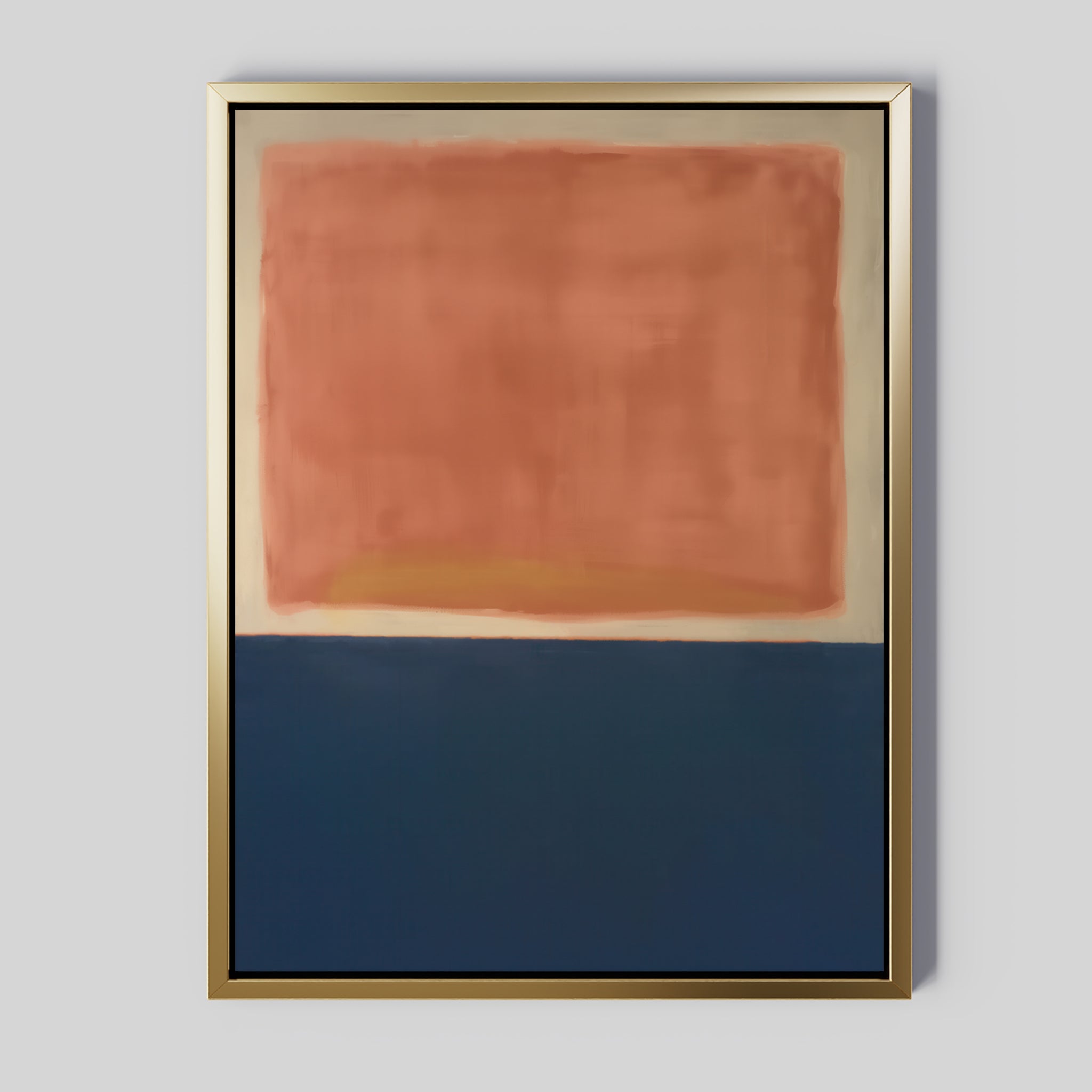 Dusk Stripe Abstract Canvas Art features a large, soft-edged reddish-orange rectangle over a dark blue block, divided by an uneven white line. Framed in gold, this minimalist piece makes a striking statement for any wall.