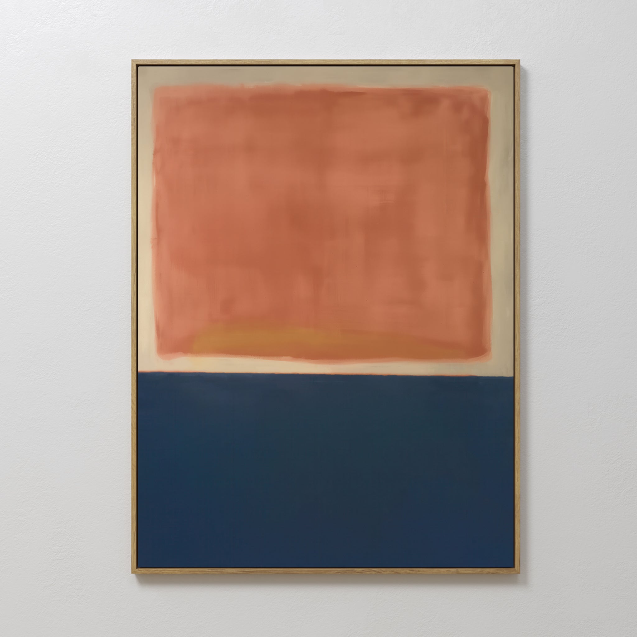 The Dusk Stripe Abstract Canvas Art showcases a large, soft-edged orange rectangle above a solid dark blue one, divided by a light stripe on an off-white background—ideal minimalist wall decor.