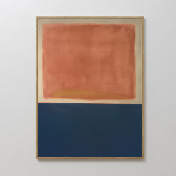 The Dusk Stripe Abstract Canvas Art showcases a large, soft-edged orange rectangle above a solid dark blue one, divided by a light stripe on an off-white background—ideal minimalist wall decor.
