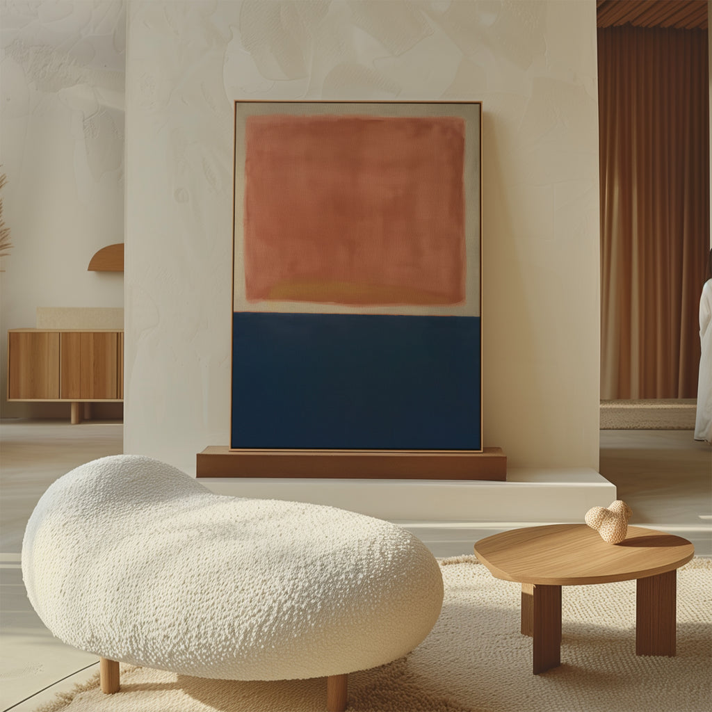 A minimalist living room with a textured white chaise lounge, wooden coffee table, and Dusk Stripe Abstract Canvas Art—its red-orange top and dark blue base create a striking focal point against the light-colored wall.