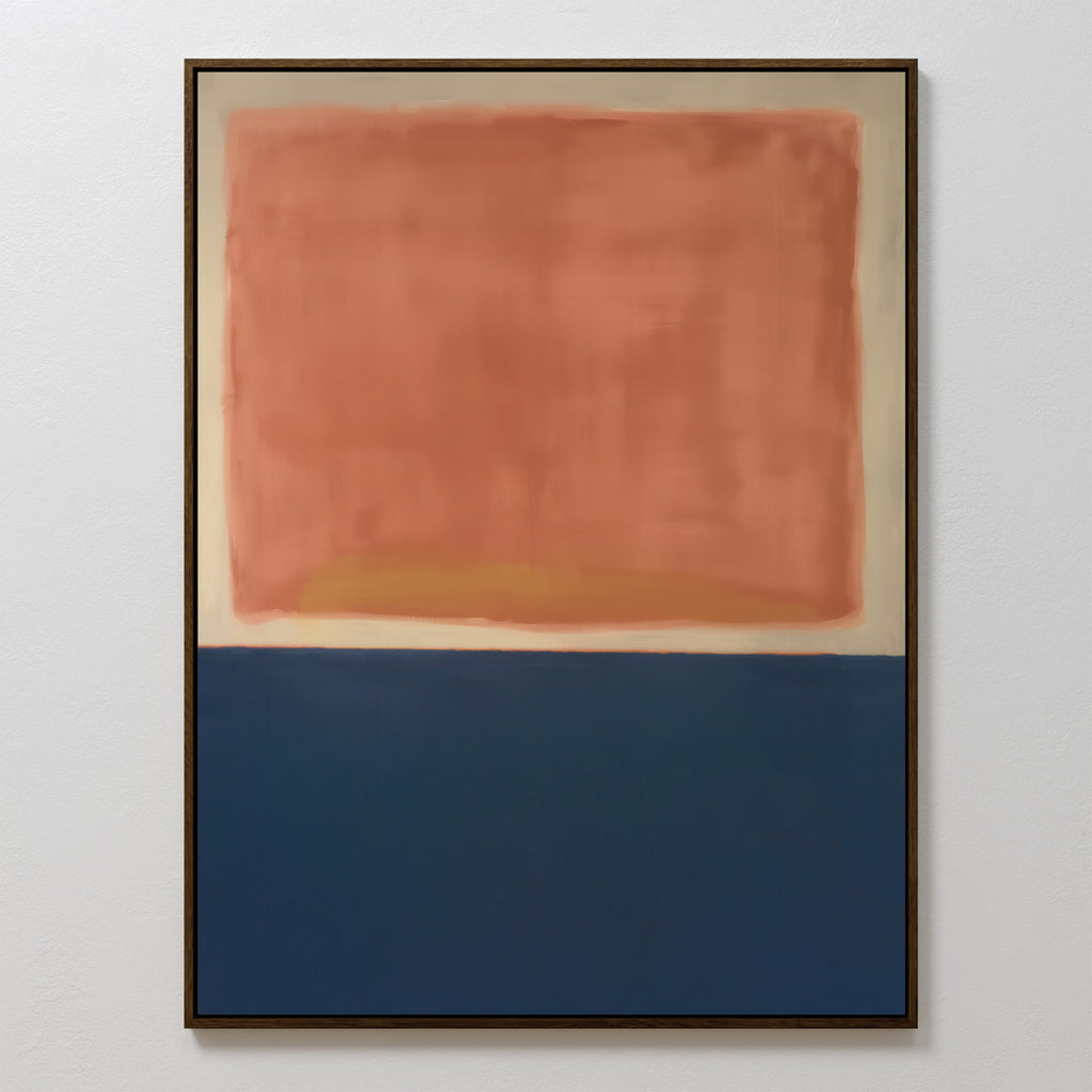 Dusk Stripe Abstract Canvas Art: A framed minimalist wall piece with a large soft-edged reddish-orange rectangle above a solid dark blue block, divided by a thin faded yellowish line on a light beige background.