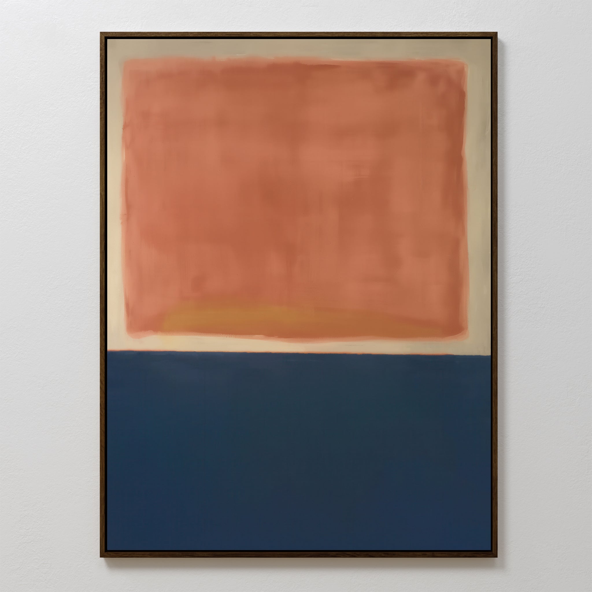 Dusk Stripe Abstract Canvas Art: A framed minimalist wall piece with a large soft-edged reddish-orange rectangle above a solid dark blue block, divided by a thin faded yellowish line on a light beige background.